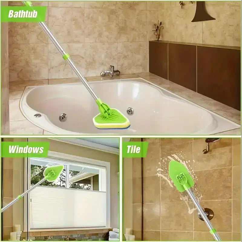 2-in-1 Retractable Bathroom Cleaning Brush Set with Stainless Steel Handle, Featuring 3 Sponge Heads – Multifunctional Tool for Kitchen, Pool, and Bathroom Maintenance