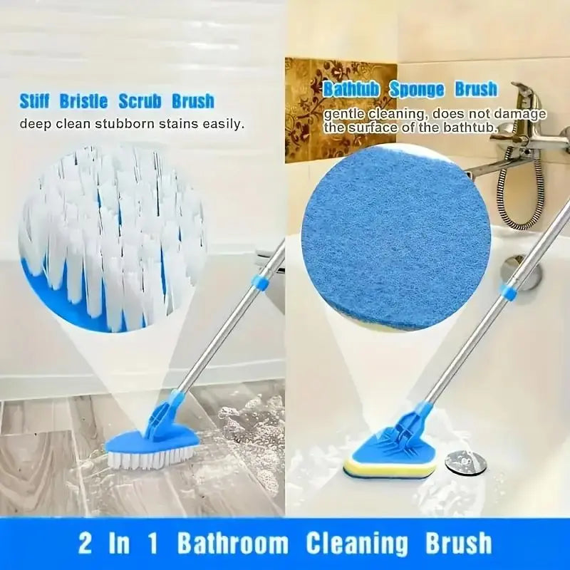 2-in-1 Retractable Bathroom Cleaning Brush Set with Stainless Steel Handle, Featuring 3 Sponge Heads – Multifunctional Tool for Kitchen, Pool, and Bathroom Maintenance