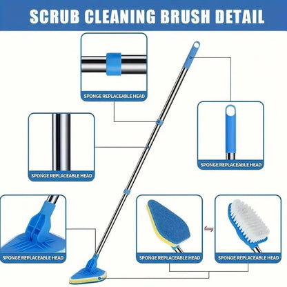 2-in-1 Retractable Bathroom Cleaning Brush Set with Stainless Steel Handle, Featuring 3 Sponge Heads – Multifunctional Tool for Kitchen, Pool, and Bathroom Maintenance