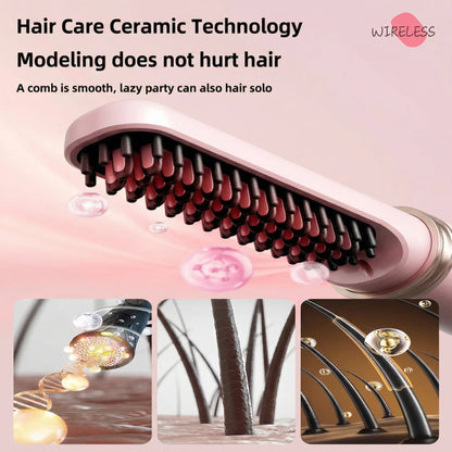 Cordless Hair Straightening Brush with Protective Cover - Portable Mini Negative Ion Hot Comb for Travel, Gym, and Car - USB Rechargeable Anti-Scald Hair Styler