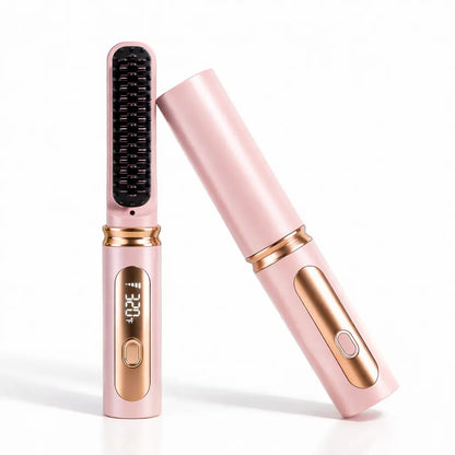 Cordless Hair Straightening Brush with Protective Cover - Portable Mini Negative Ion Hot Comb for Travel, Gym, and Car - USB Rechargeable Anti-Scald Hair Styler