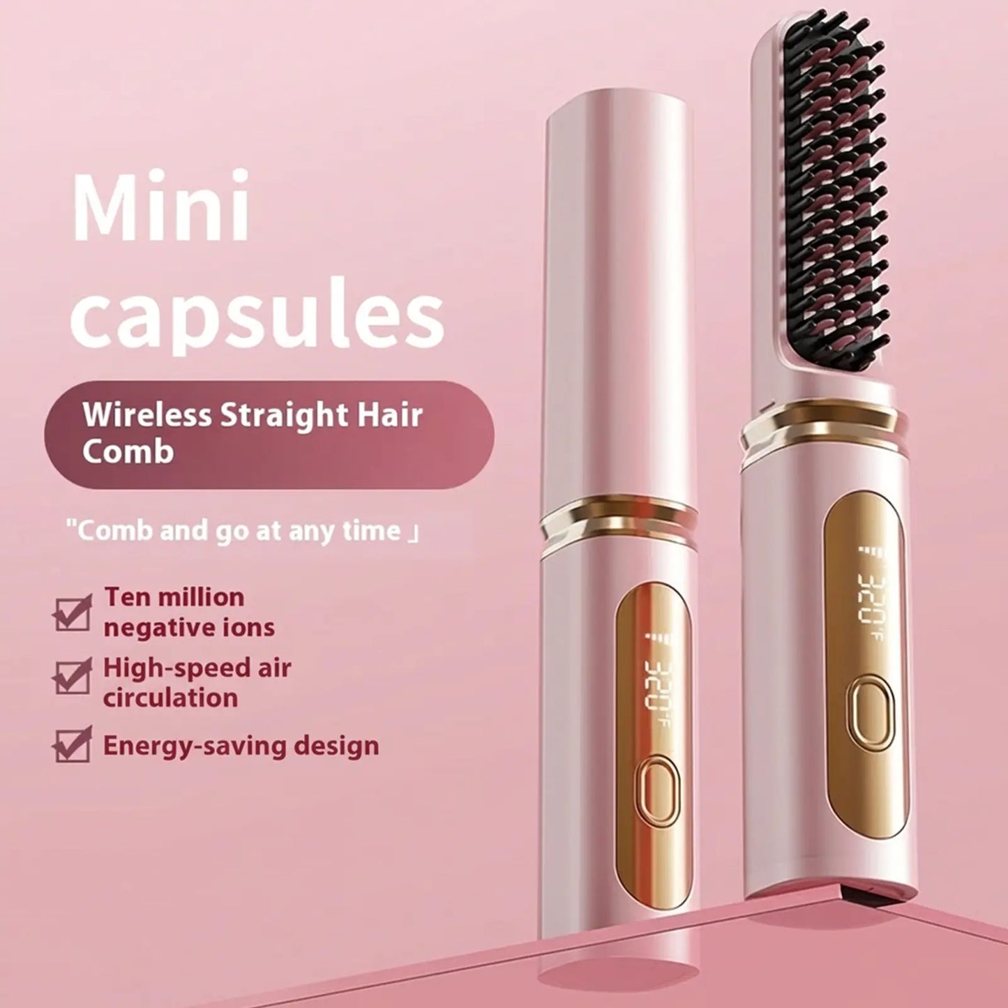 Cordless Hair Straightening Brush with Protective Cover - Portable Mini Negative Ion Hot Comb for Travel, Gym, and Car - USB Rechargeable Anti-Scald Hair Styler