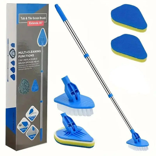 2-in-1 Retractable Bathroom Cleaning Brush Set with Stainless Steel Handle, Featuring 3 Sponge Heads – Multifunctional Tool for Kitchen, Pool, and Bathroom Maintenance